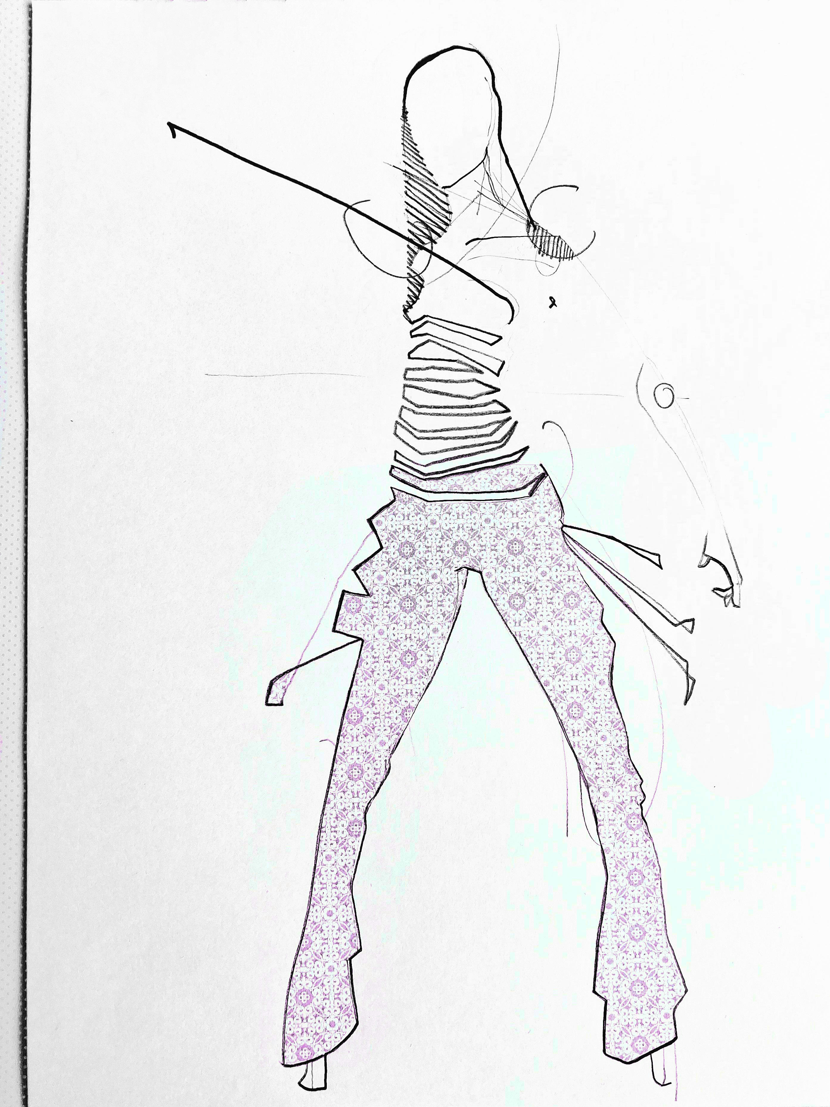 Collage einer Entwurfzeichnunng für ein Outfit mit floral gemusteter Hose und illustriert aufgebrochenem engen Top. Modezeichnung im Format A4